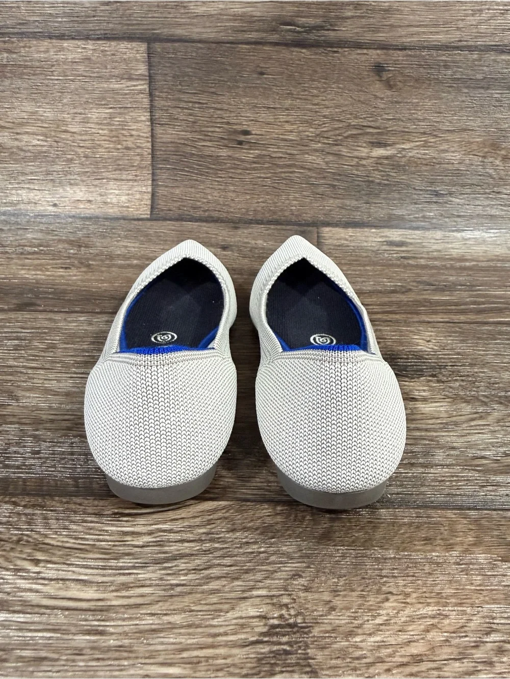 Rothy's Pointed Knit Flats in Light Gray with Blue Trim